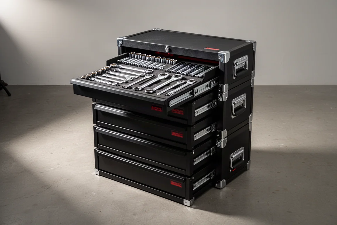 Stack of black modular toolboxes with organized socket drawers on a workshop floor