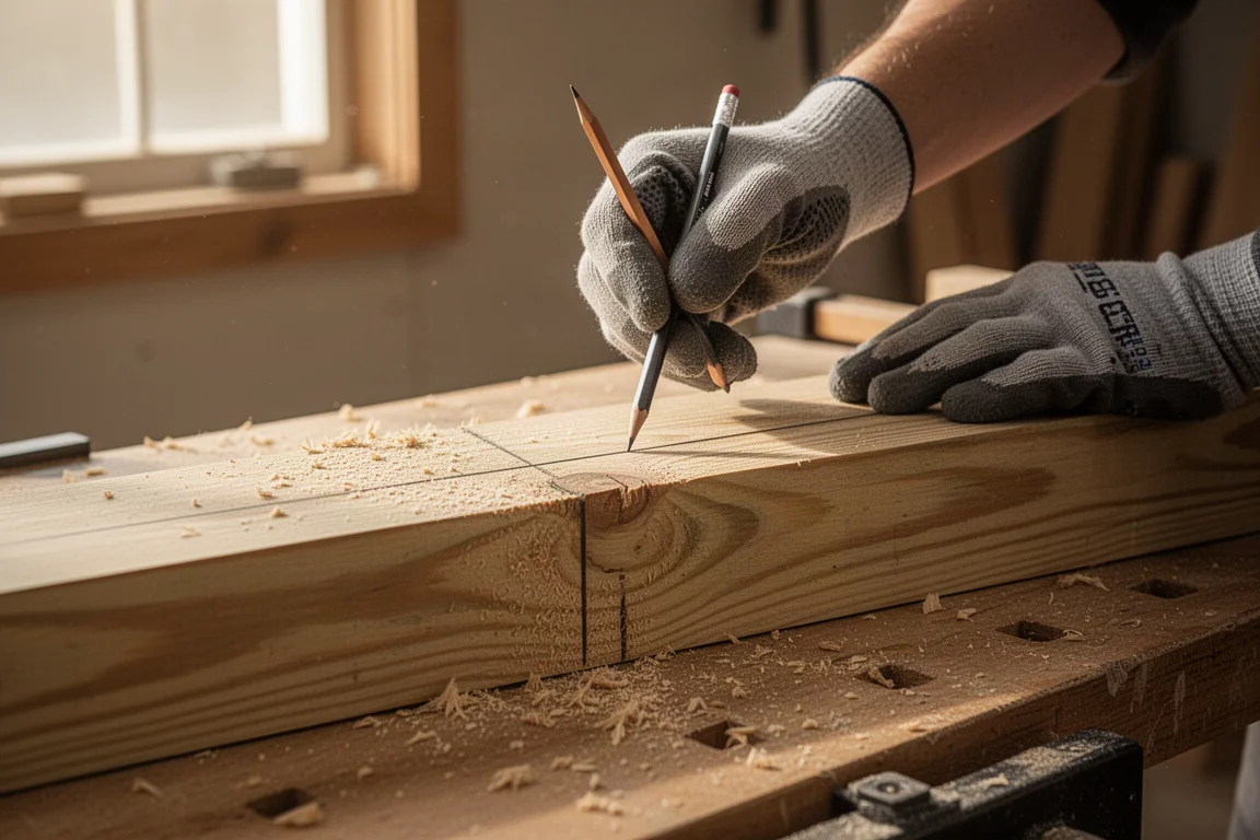 Persoon die een lijn tekent op een ruw 2x6 houten plank