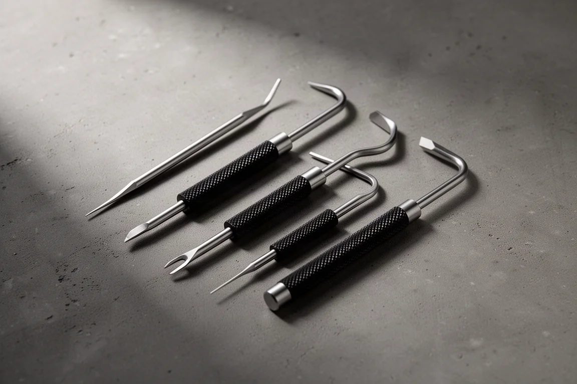 Four-piece Milwaukee mini pick and hook set laid out on a dark concrete surface