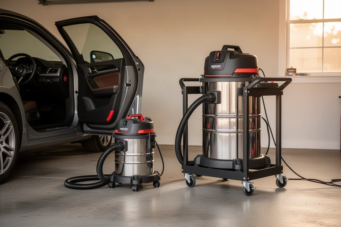 Zwei Werkstattsauger nebeneinander aufgestellt in einer Garage