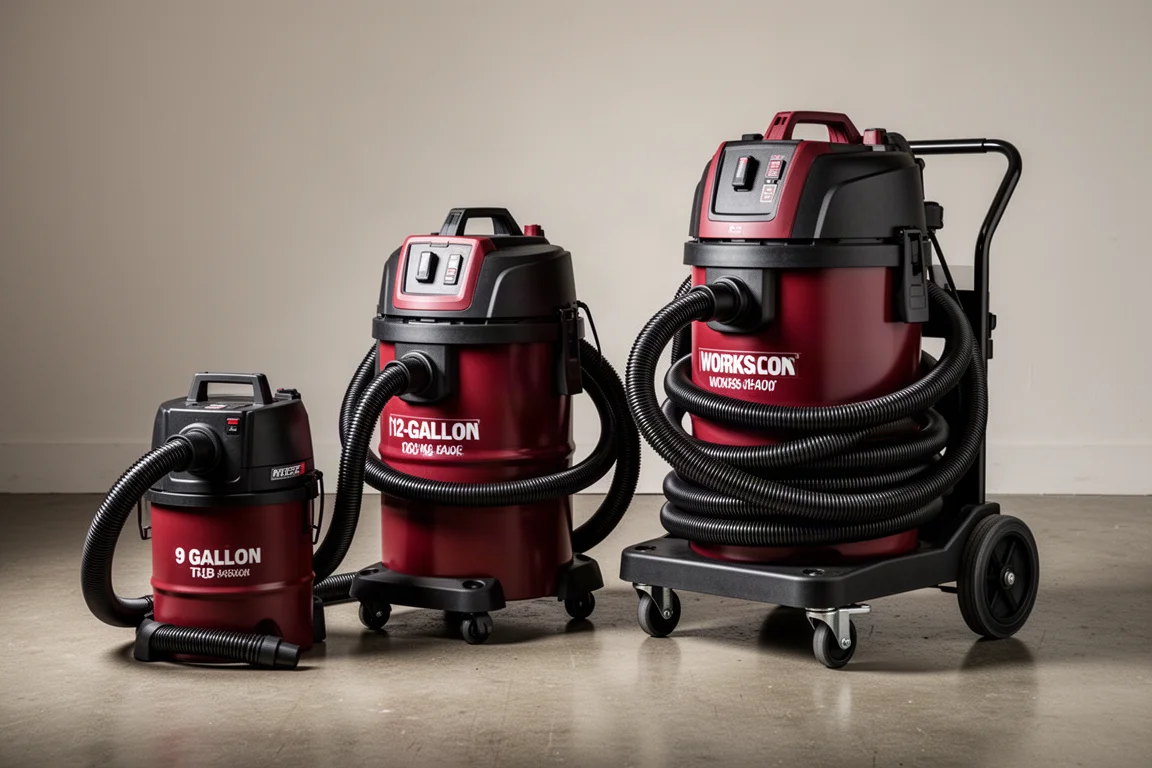 Two Milwaukee modular wet/dry vacuums side by side on a workshop floor