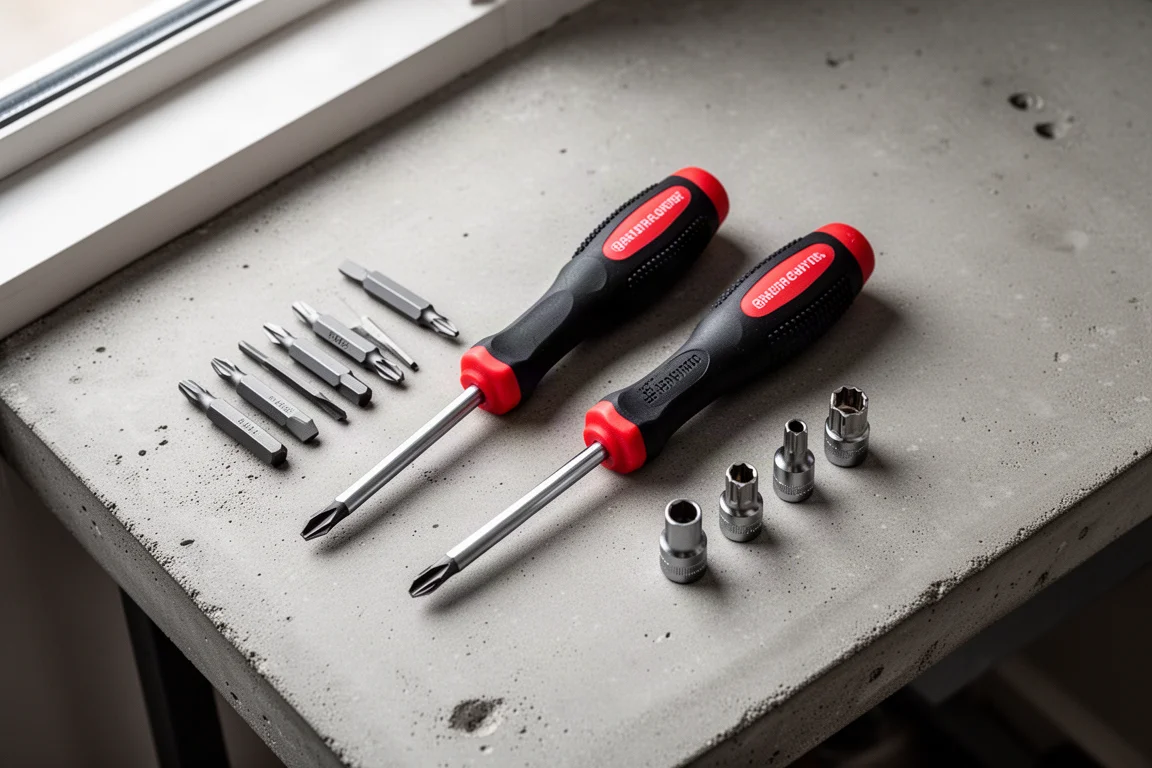 Two multi-bit screwdrivers on a workbench with bits laid out
