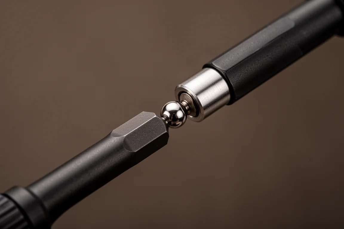 Close-up of a bit locking into a screwdriver shaft with visible ball joint