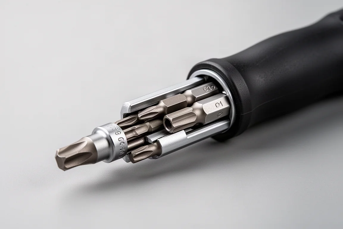 Nut driver cartridges sliding out of an open screwdriver handle
