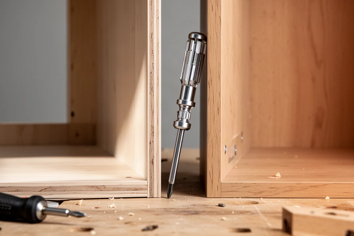 Multi-bit screwdriver reaching into a tight space between cabinet parts