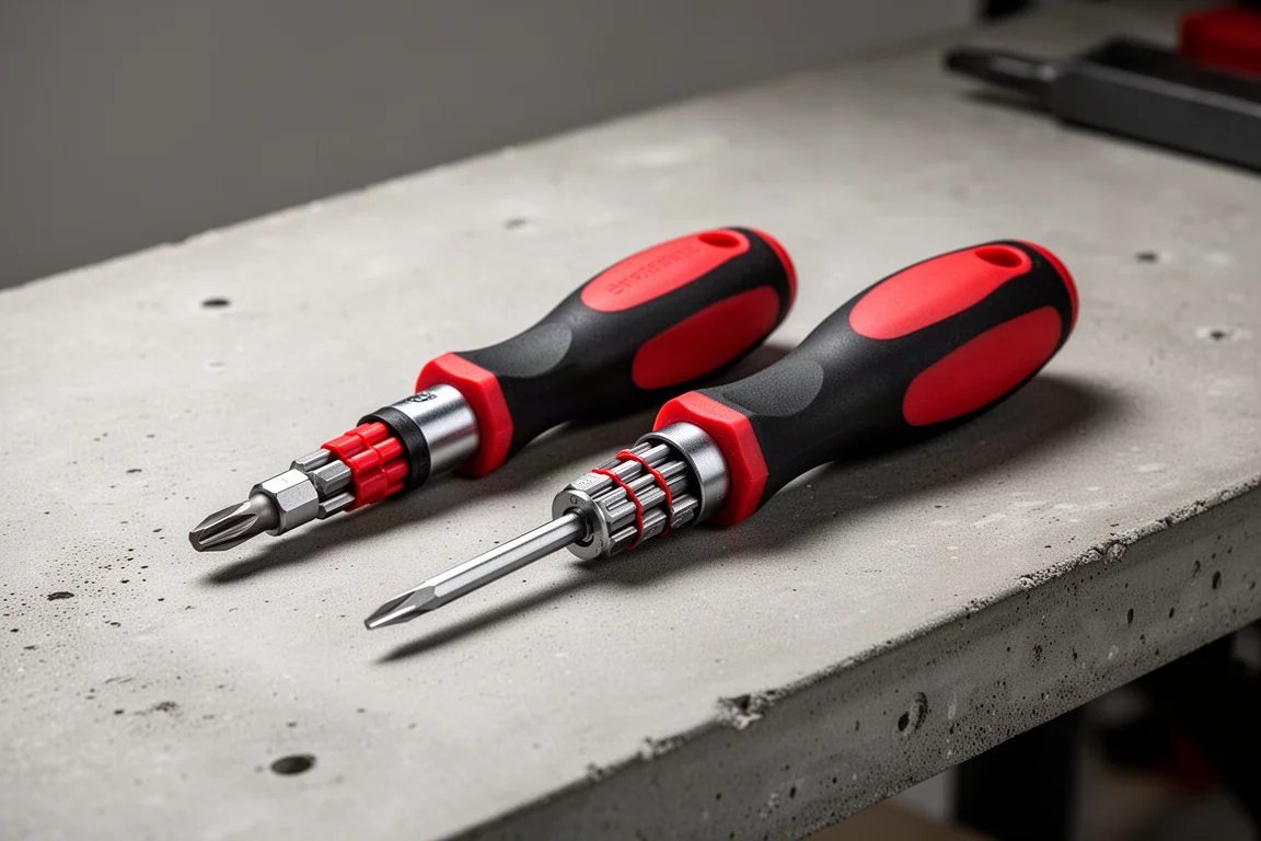 Two Milwaukee multi-bit screwdrivers side by side on a workbench