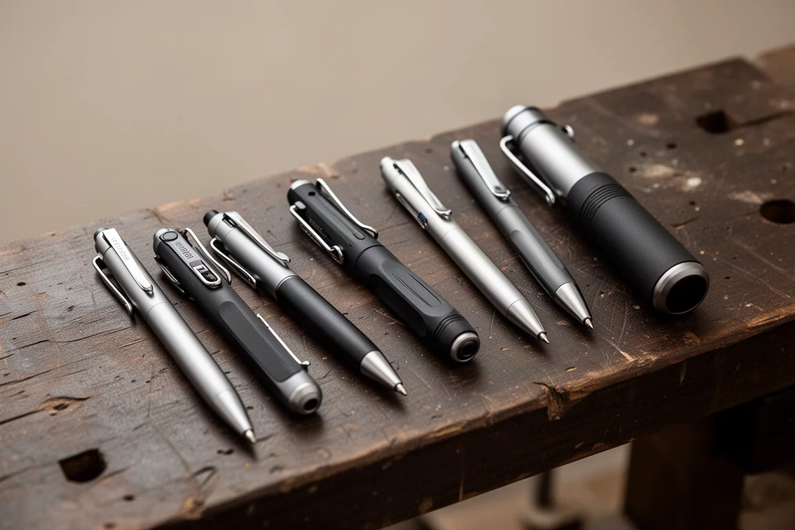 Outils multi-usage au format stylo de diverses marques alignés sur un établi