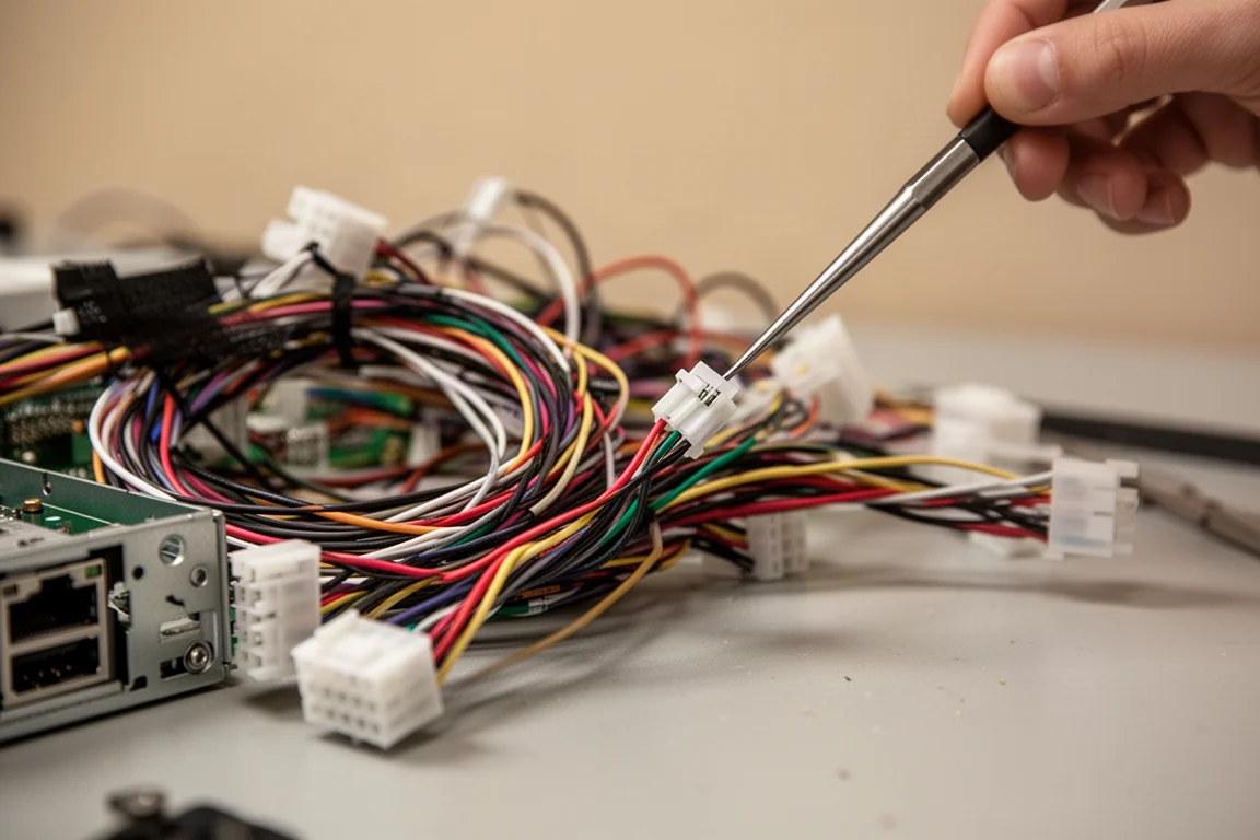Routage de faisceau de câbles sur un banc de service montrant les usages du pick et du crochet