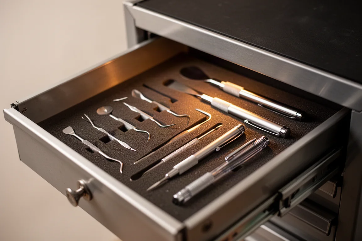 Tiroir de boîte à outils avec divers picks et petits outils à main en cours de rangement