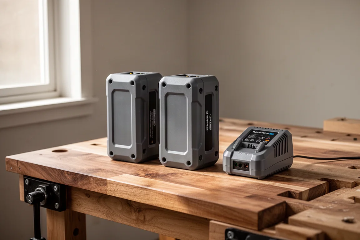 Deux batteries MX Fuel et un chargeur rapide sur un établi