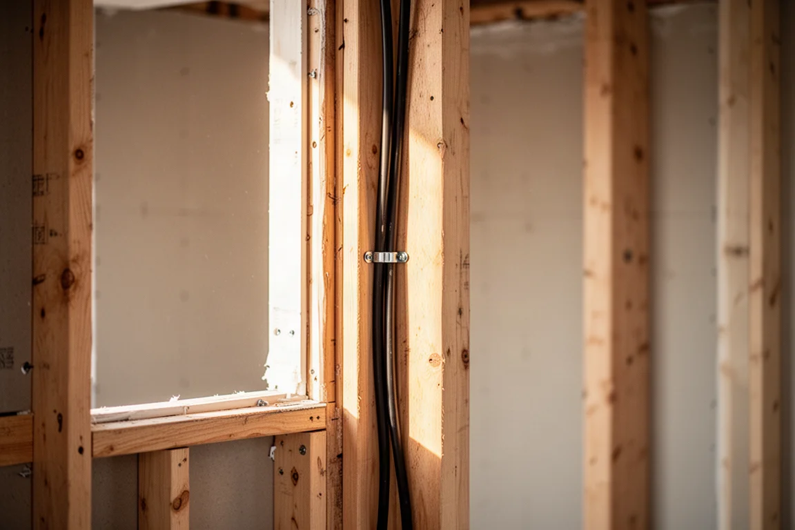 Elektricien legt kabel langs een houten stijl in een stelseelwand