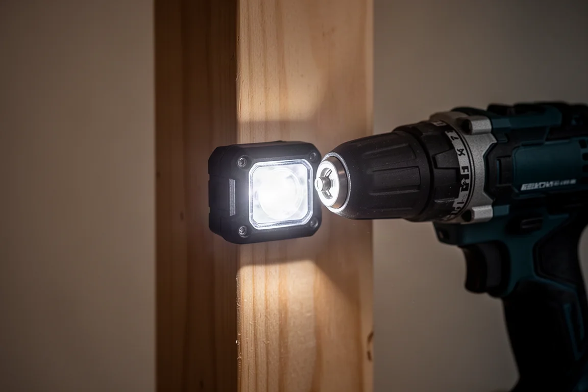 Close-up van een LED-werklamp van een tool die een donkere hoek verlicht