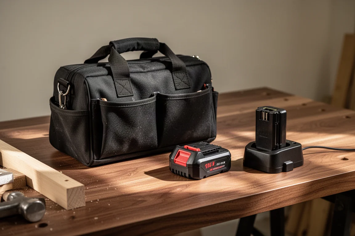 Toolbag en lader op een werkbank in een werkplaats