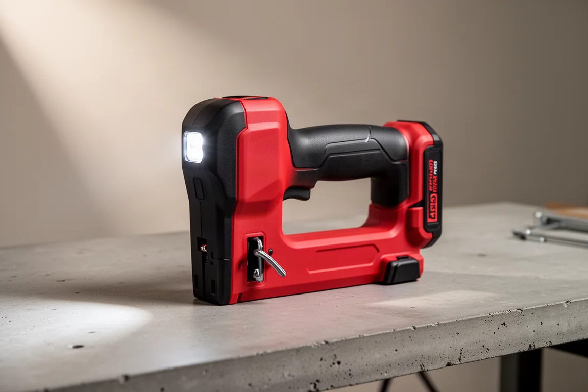Milwaukee N12 cordless cable stapler on a concrete workbench