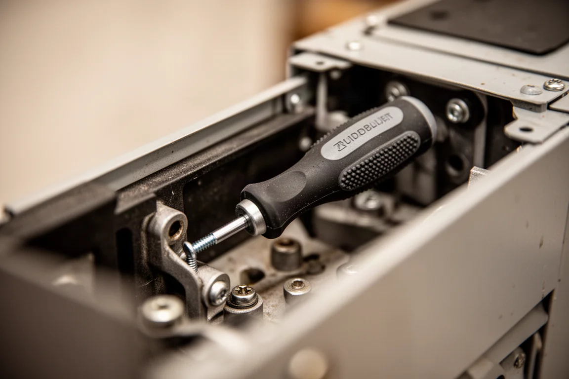Tournevis multi-embouts manipulant une fixation dans un renfoncement étroit d'un compartiment moteur