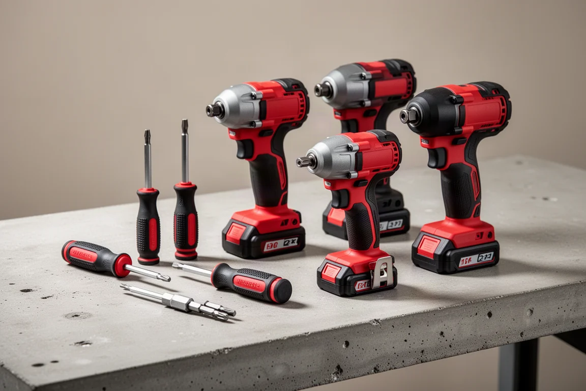 Two multi-bit screwdrivers and two compact cordless impact wrenches on a concrete workbench