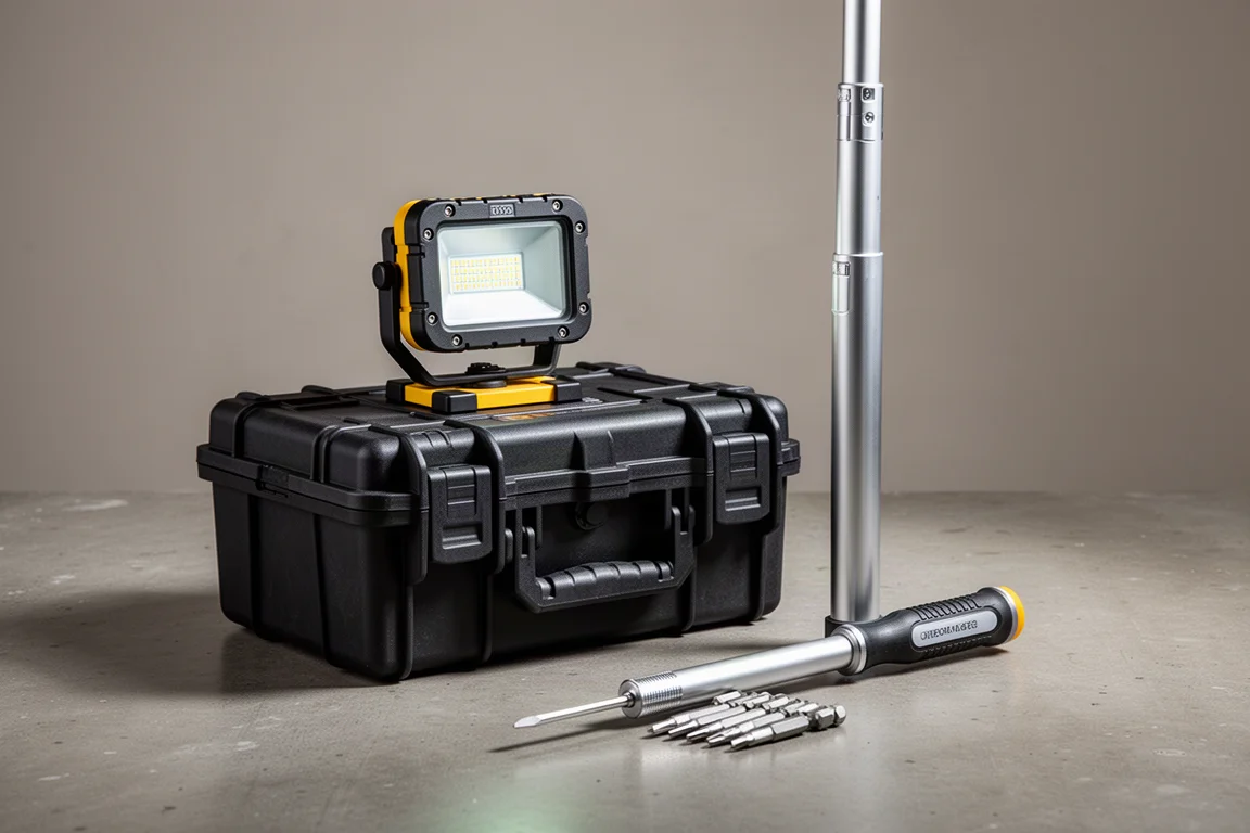 Lampada da lavoro Packout, asta telescopica per laser e cacciavite di precisione su una superficie di cemento in officina