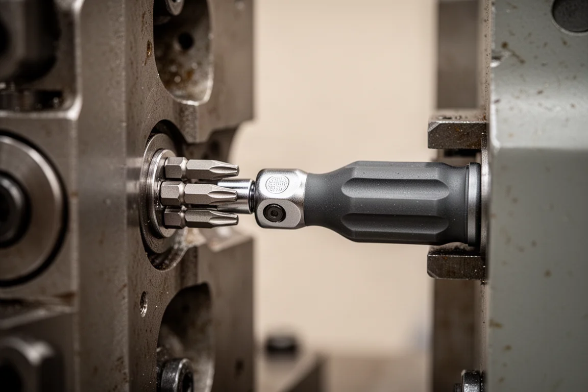 Mini catraca multi-bit compacta trabalhando em um espaço apertado entre componentes metálicos