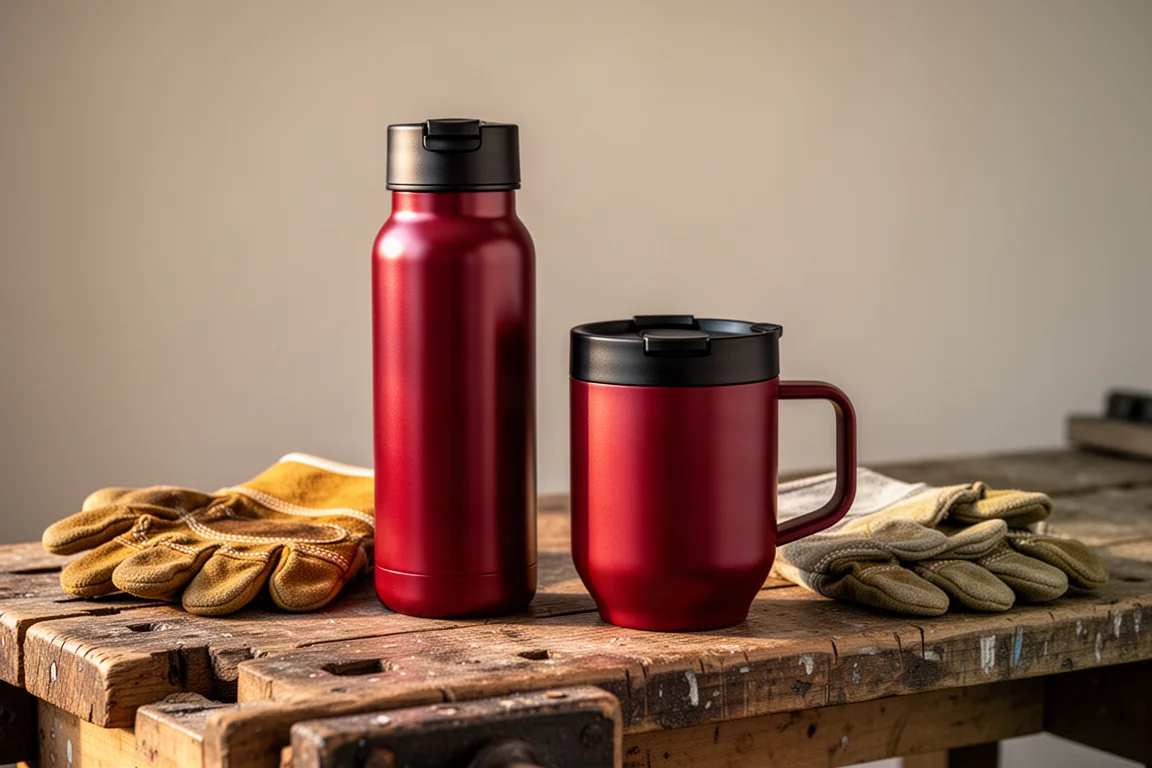 Garrafa térmica e caneca com tampas twist-lock apoiadas sobre uma bancada de trabalho