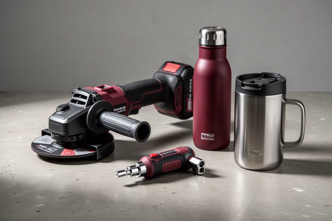 Smerigliatrice angolare a batteria, mini cricchetto e due contenitori termici su una superficie in cemento