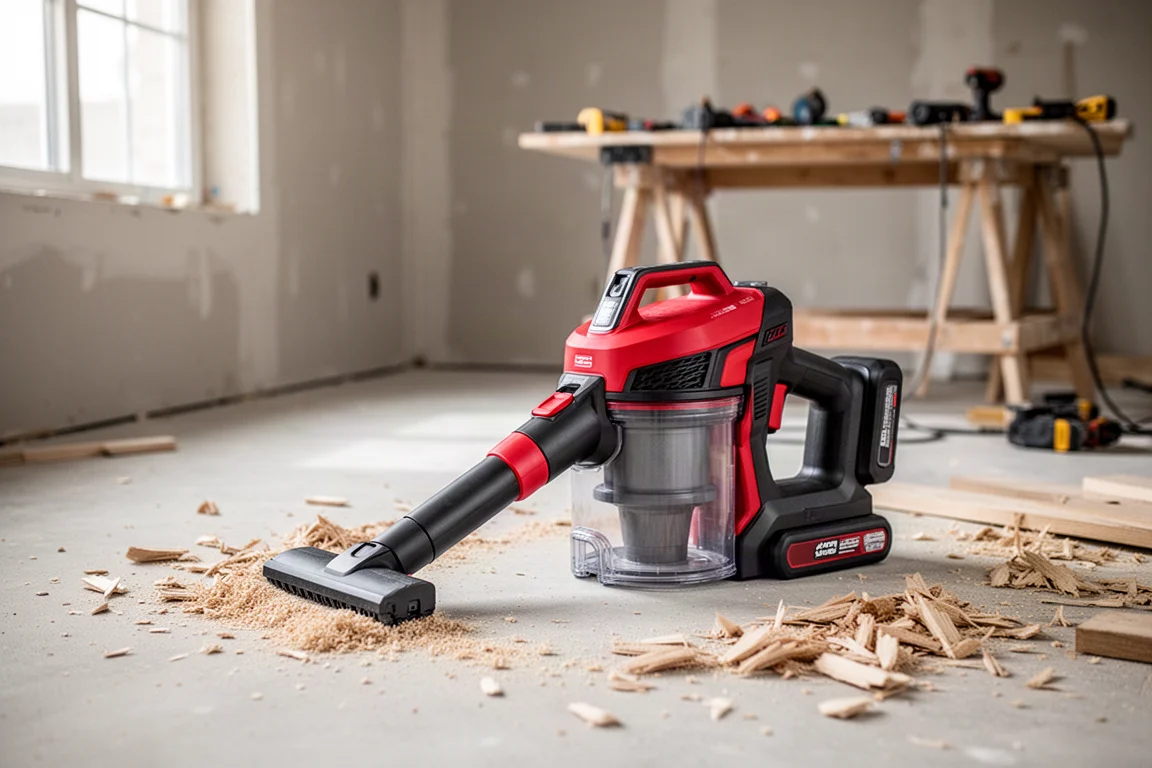 Aspiratore a umido/secco senza fili su pavimento di cantiere con segatura e detriti di legno intorno