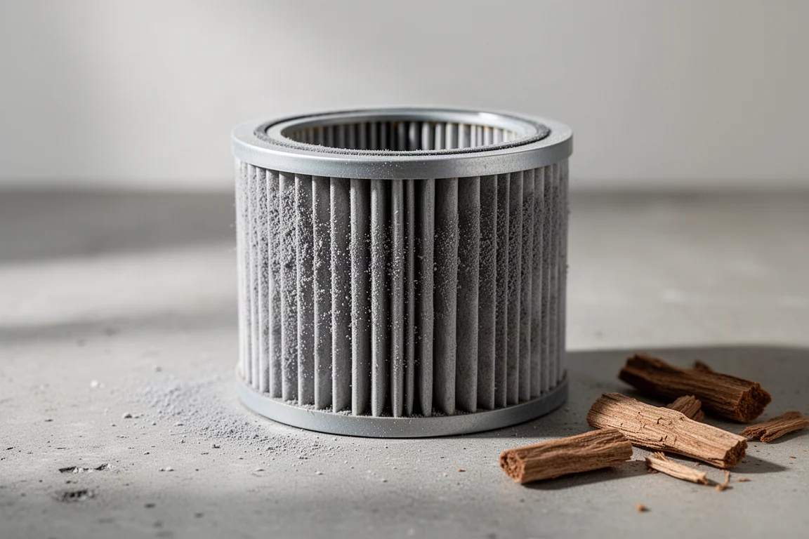 Primo piano di un filtro per aspiratore con polvere fine accumulata sulla superficie