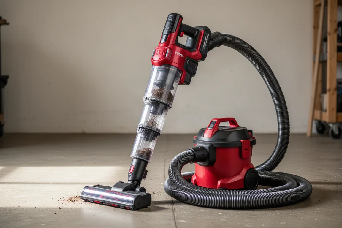 Aspiratore senza fili con modulo separatore di detriti impilato sopra il serbatoio