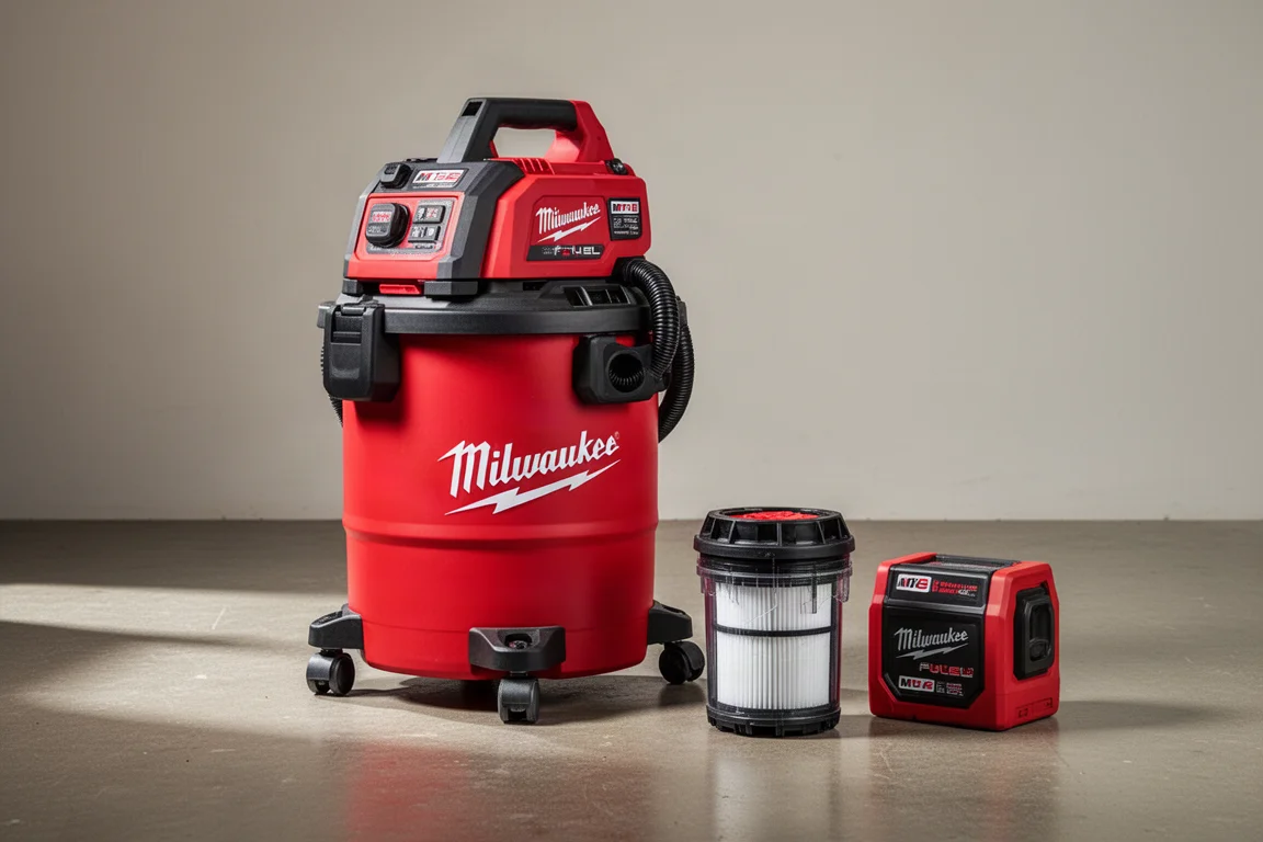 Aspirateur eau/poussière Milwaukee M18 Fuel Nexus avec modules séparateur de débris et nettoyeur de filtre sur sol en béton