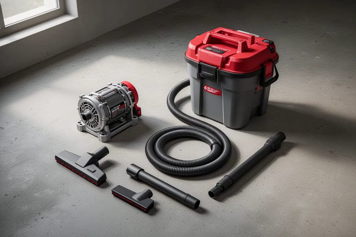 Testa motore e componenti del serbatoio di un aspirapolvere modulare a batteria disposti sul pavimento di un'officina