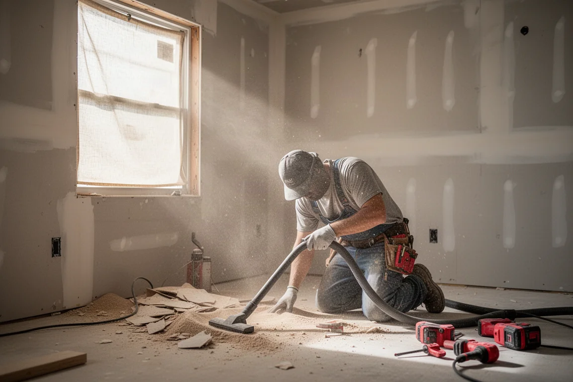 Un operaio aspira detriti su un cantiere di ristrutturazione con un wet/dry a batteria