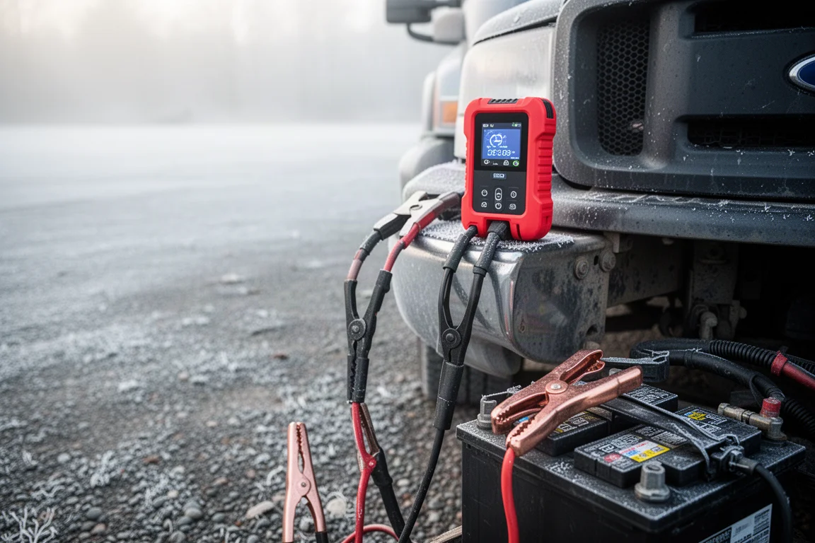 Jump starter portatile con morsetti collegati alla batteria di un camion nella luce fredda del mattino