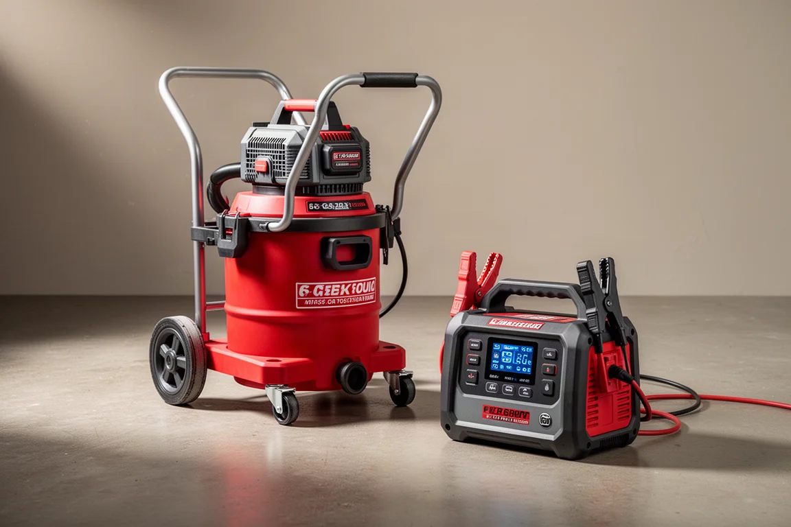 Modular cordless job site vacuum and portable jump starter on a concrete workshop floor