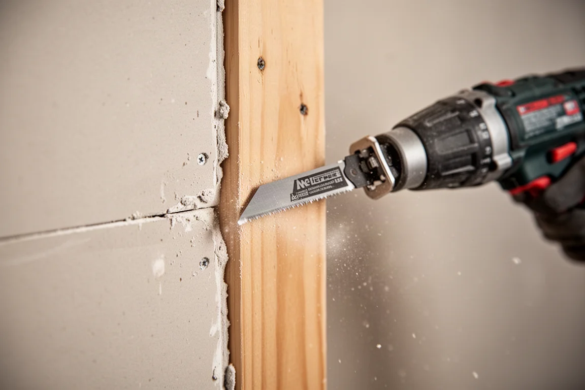 Coupe affleurante avec un multi-outil oscillant près d'un mur lors de travaux de rénovation