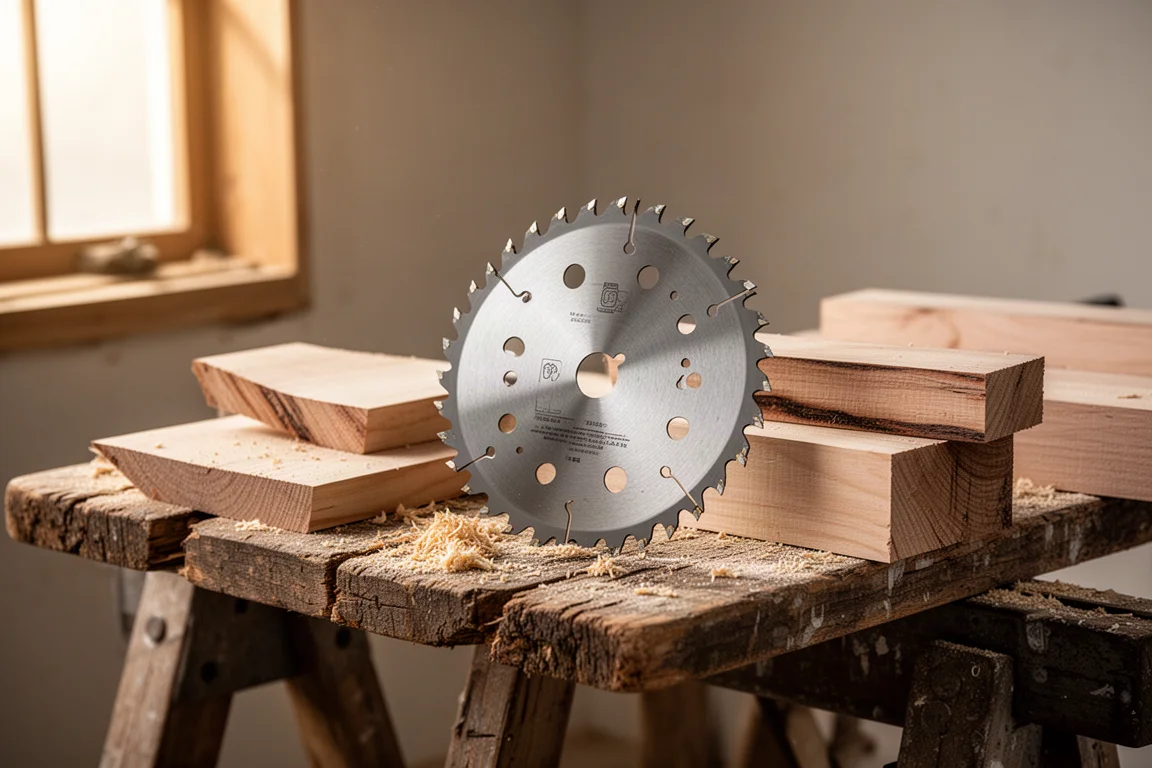 Kreissägeblatt auf einer Werkbank neben rauchen Holzschnitzresten