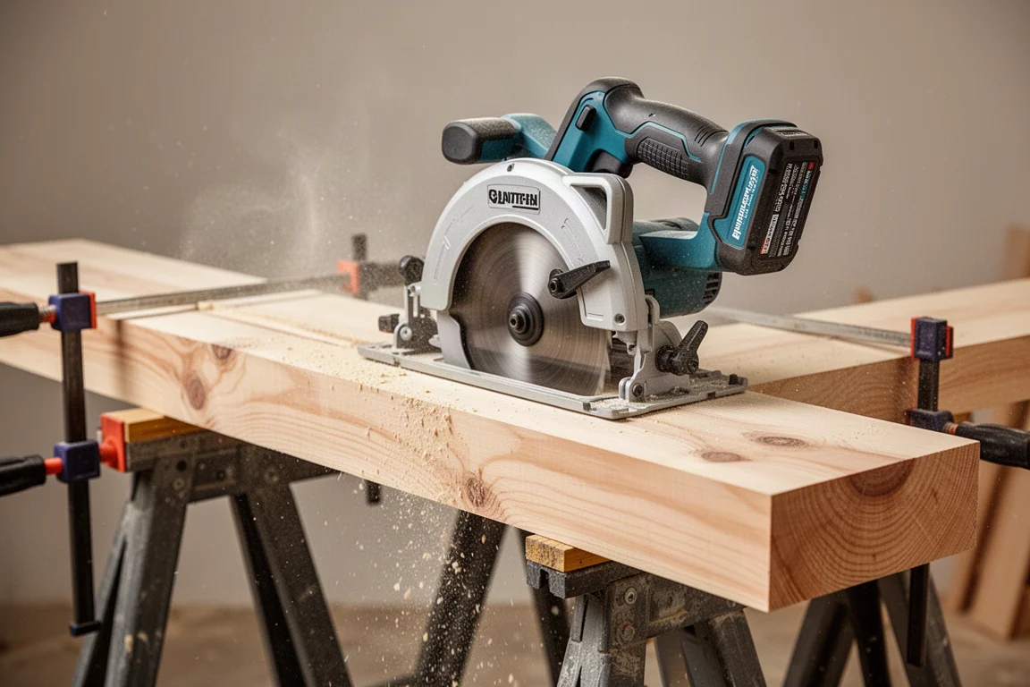 Akku-Kreissäge beim Schneiden durch ein dickes Holzbrett in einer Werkstatt