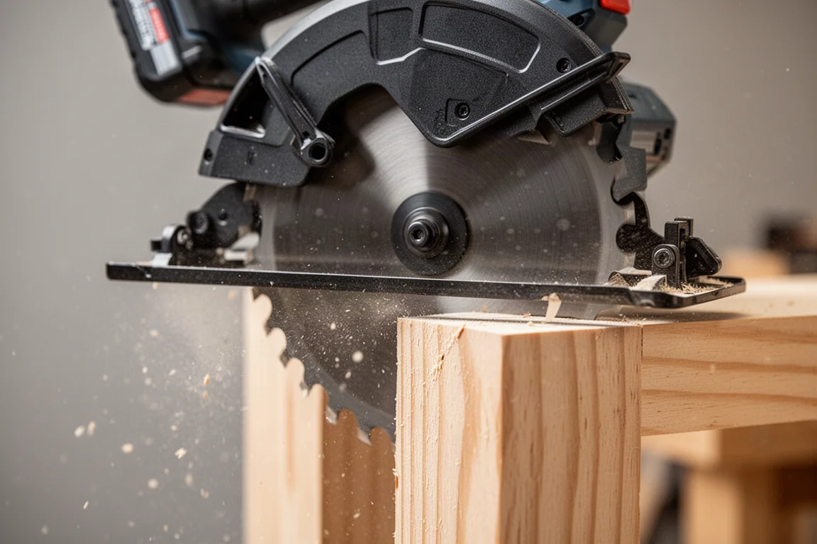 Sega circolare a batteria che taglia un 2x4 sul fianco con segatura visibile