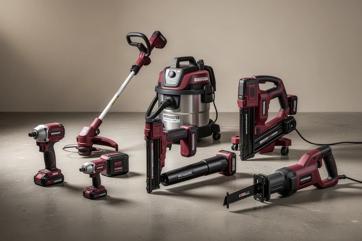 Collection of red and black cordless power tools arranged on a concrete workshop floor