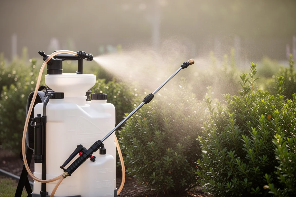 Rugspuit verstuift een fijne nevel over tuinplanten