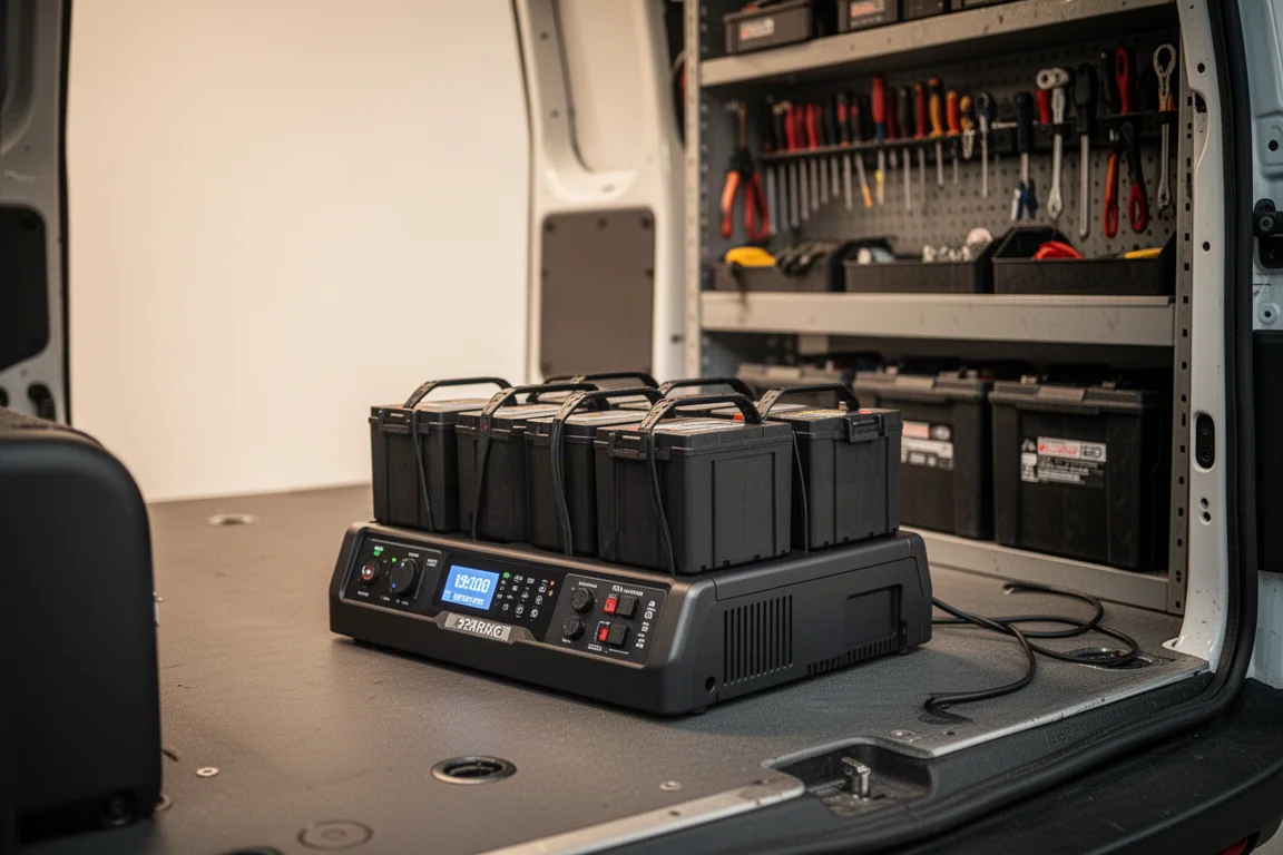 Snellader met meerdere lades met diverse accupacks in een werkbus