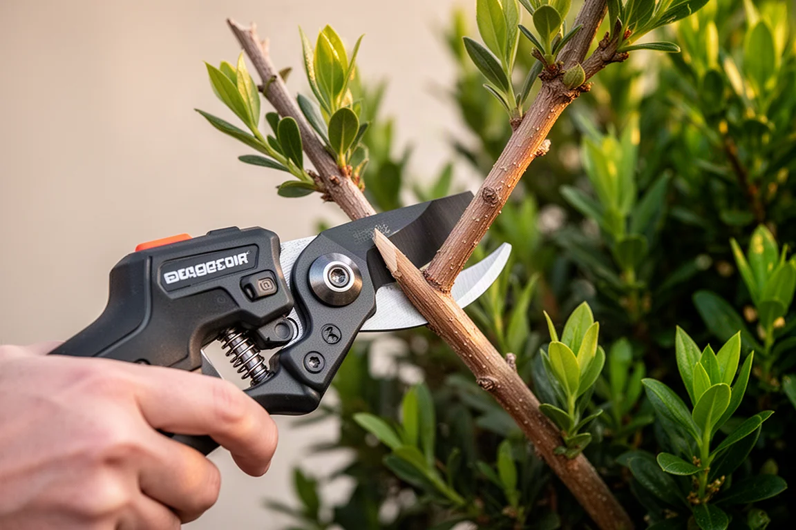Kompakte akkubetriebene Gartenschere durchtrennt einen kleinen Ast im Garten