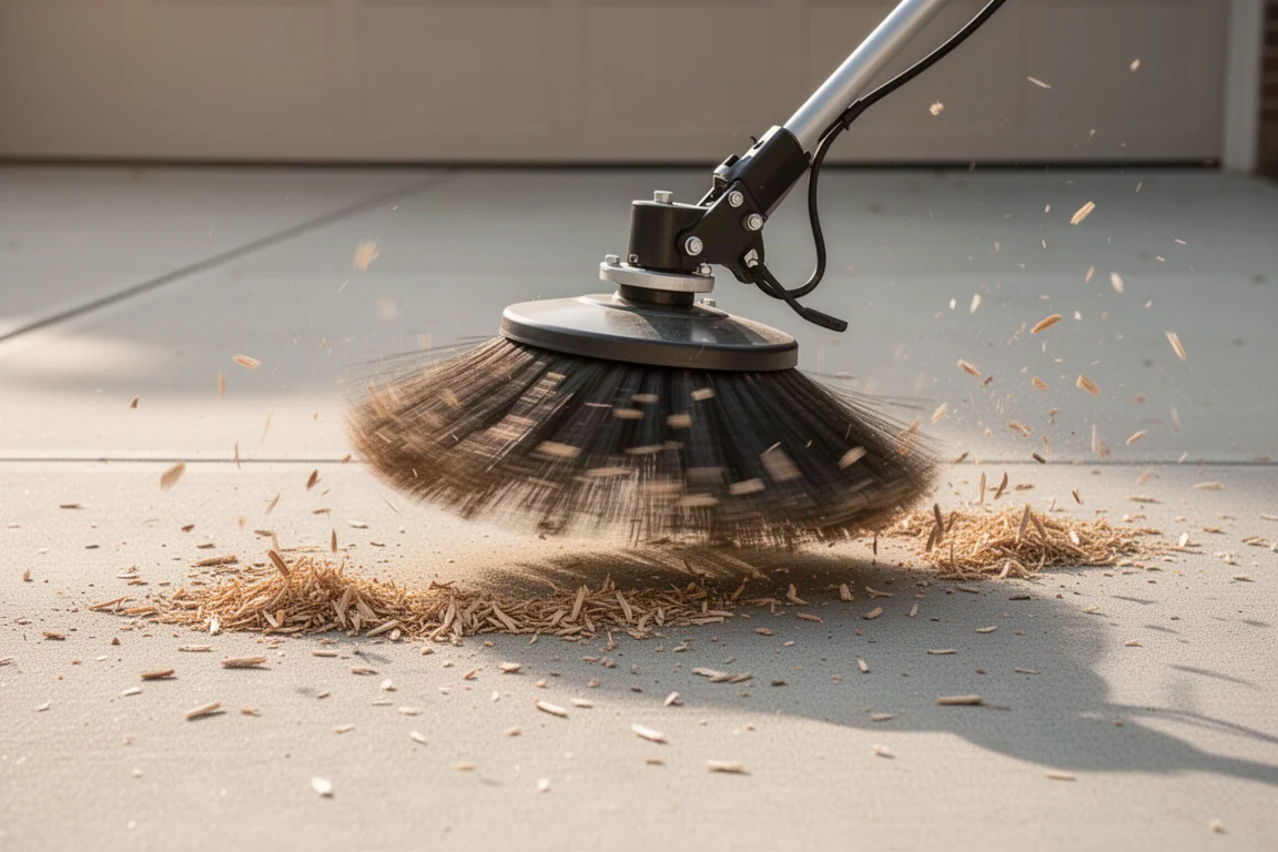 Sweeper-Aufsatz räumt Mulch und Schmutz von einer gepflasterten Einfahrt