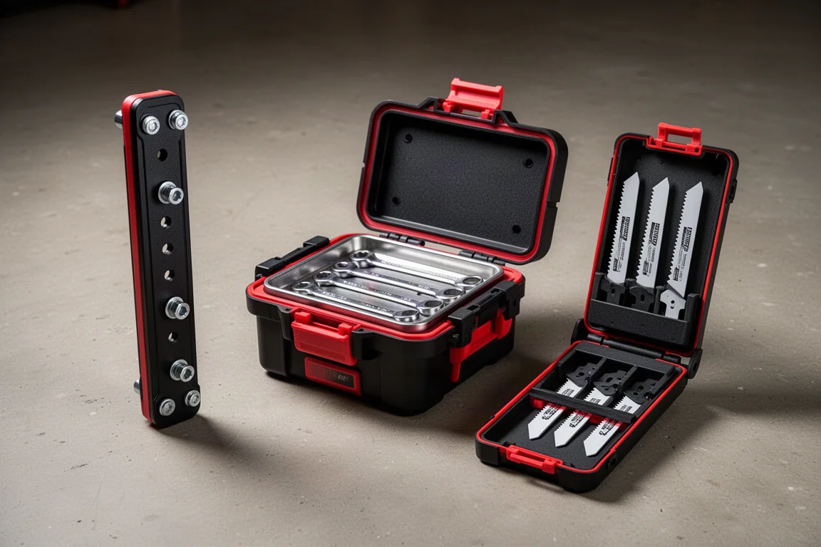 Three Milwaukee PACKOUT accessories on a concrete workshop floor, including a rail, a magnetic tray box, and a blade case