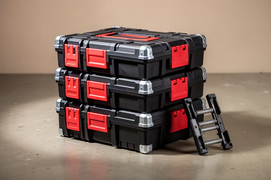 Stack of three modular tool storage boxes on a concrete workshop floor