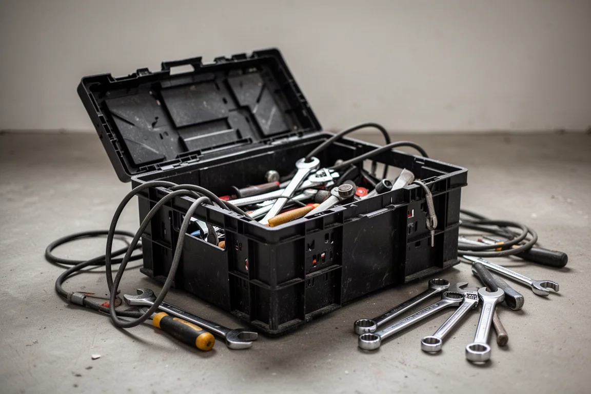 Cluttered open tool crate with scattered hand tools on a workshop floor