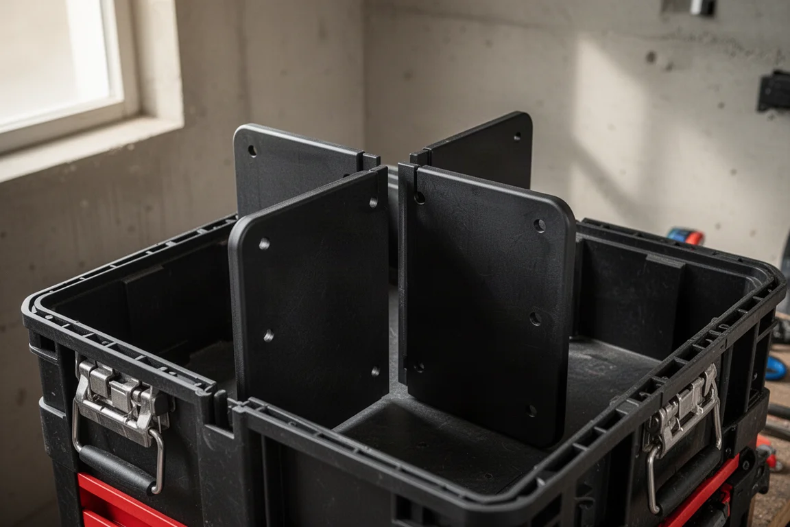 Crate divider panel slotted into the center of a tool crate creating two compartments