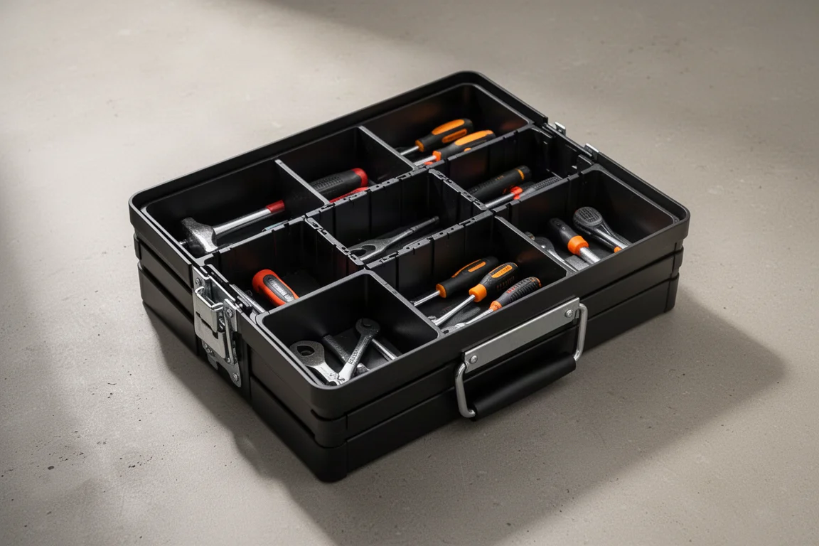 Stackable tool tray with quick-adjust dividers creating multiple compartments