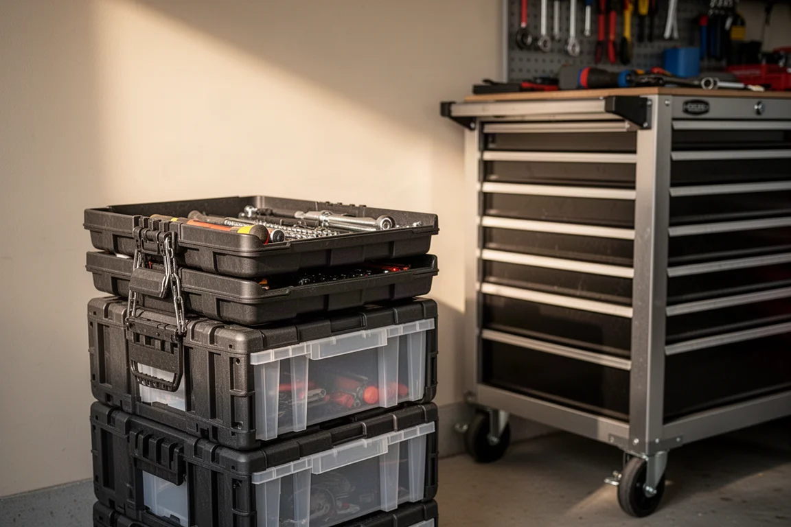 Tool tray stacked with other modular storage boxes beside a rolling tool chest in a garage