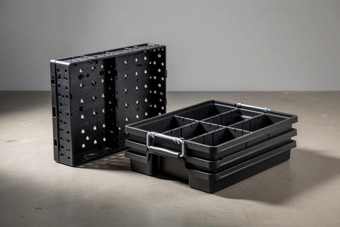 PACKOUT crate divider panel and stackable tool tray on a concrete workshop floor
