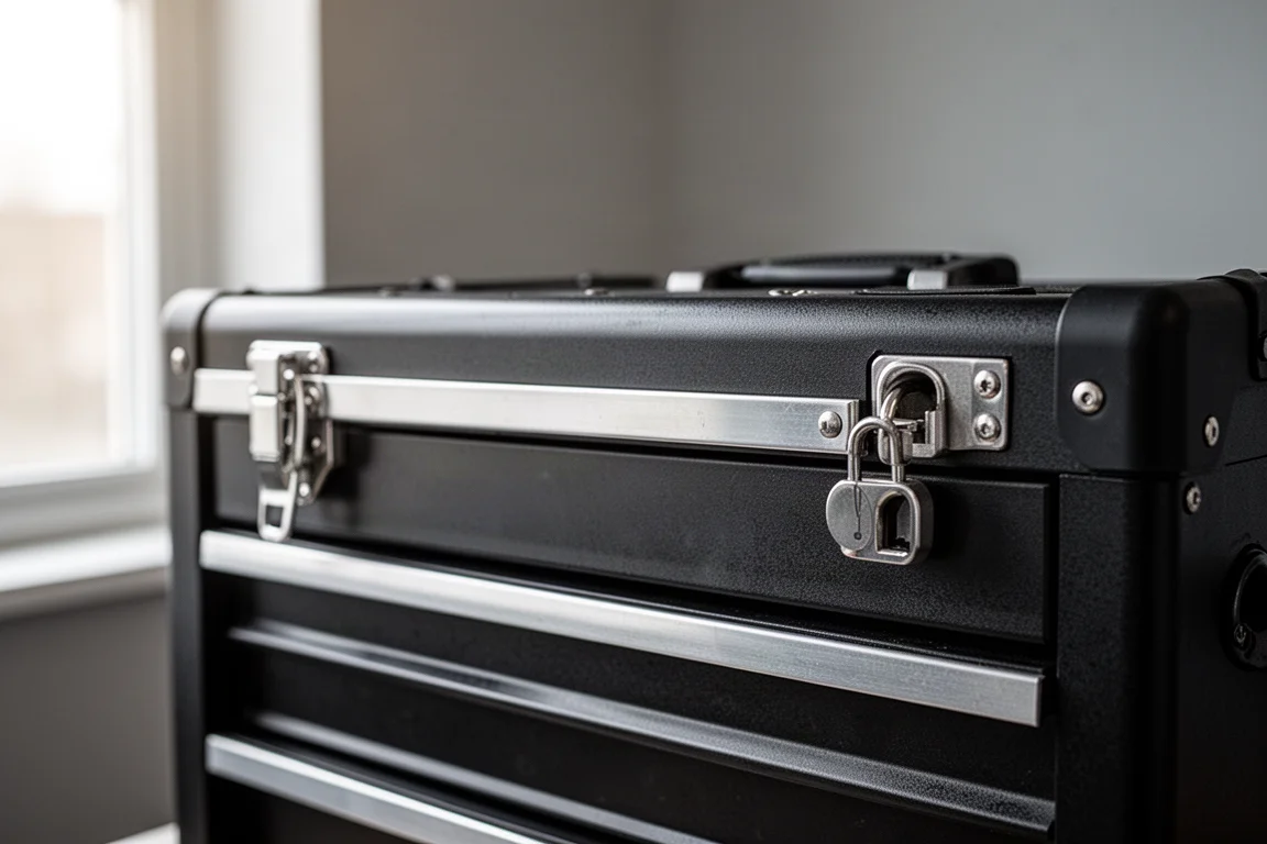 Stacked modular tool boxes with drawer units on a workshop floor
