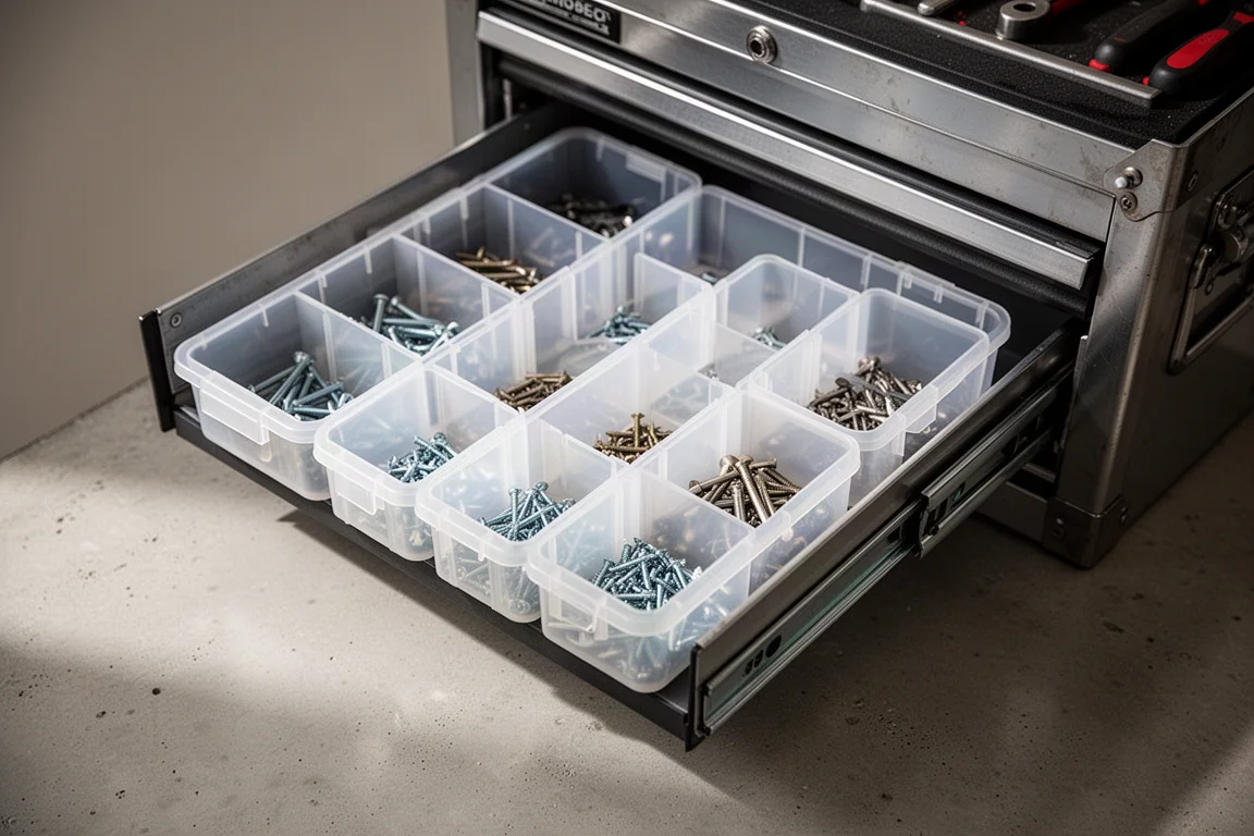 Close-up of a metal locking bar and latch mechanism on a tool box drawer unit